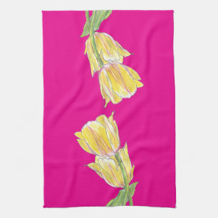 Yellow & Pink Tulips on Vibrant Pink Kitchen Towel
