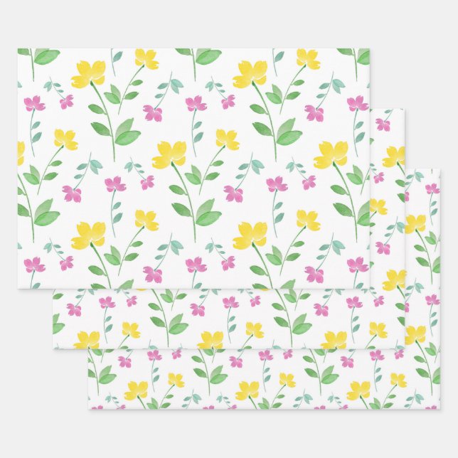 Yellow Pink Watercolor Flower Stem Pattern   Wrapping Paper Sheet (Set)