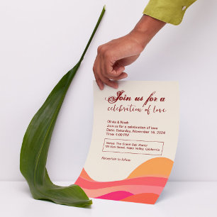 Yellow Pink Waves Retro 70s Boho Wedding Invitation
