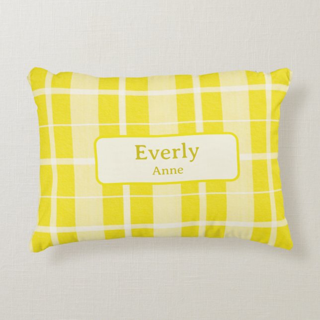 Yellow Plaid Custom Baby Name Nursery  Accent Pillow (Front)