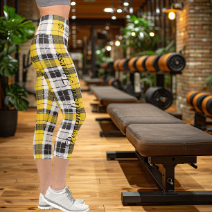Yellow Plaid Pattern with Black and White Accents Capri Leggings