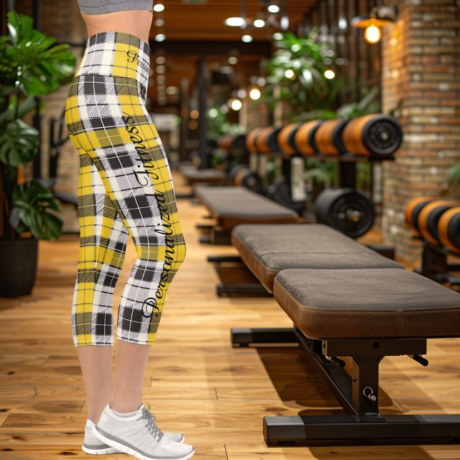 Yellow Plaid Pattern with Black and White Accents Capri Leggings (Creator Uploaded)