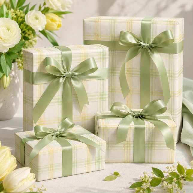 Yellow Plaid Wrapping Paper | Sage Green Classic  (Pastel yellow plaid gifts with shiny sage ribbons, styled for elegant spring and everyday gifting.)