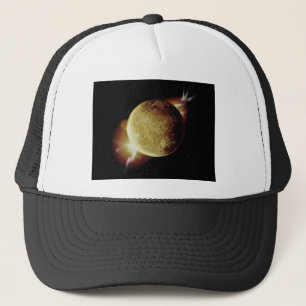 yellow planet 3d illustration in universe trucker hat