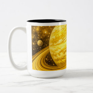 Yellow Planet with Rings Two-Tone Coffee Mug