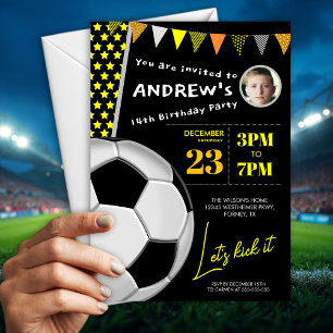 Yellow Playfful Soccer Birthday  Photo Invitation 