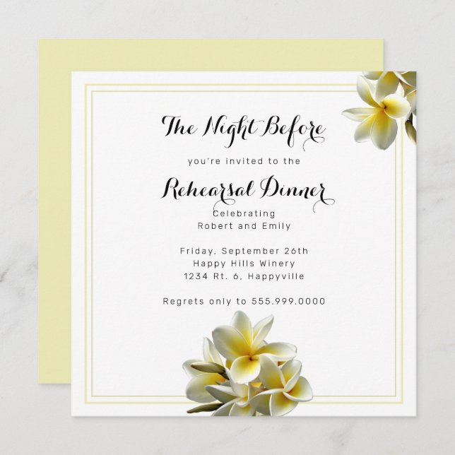 Yellow Plumeria Rehearsal Dinner Square Invitation (Front/Back)