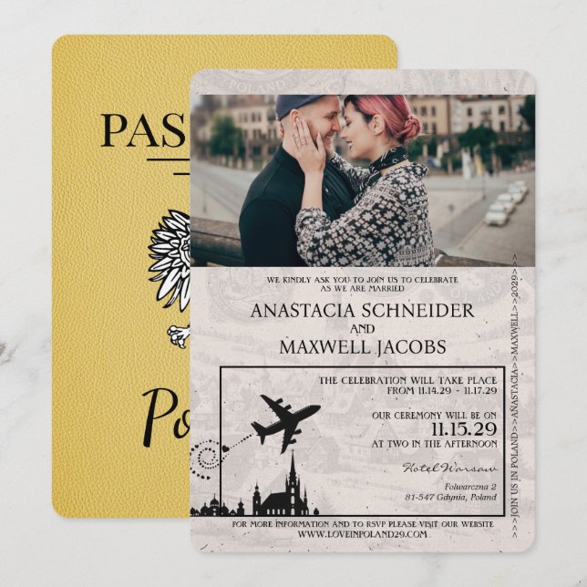 Yellow Poland Passport Wedding Invitation (Front/Back)