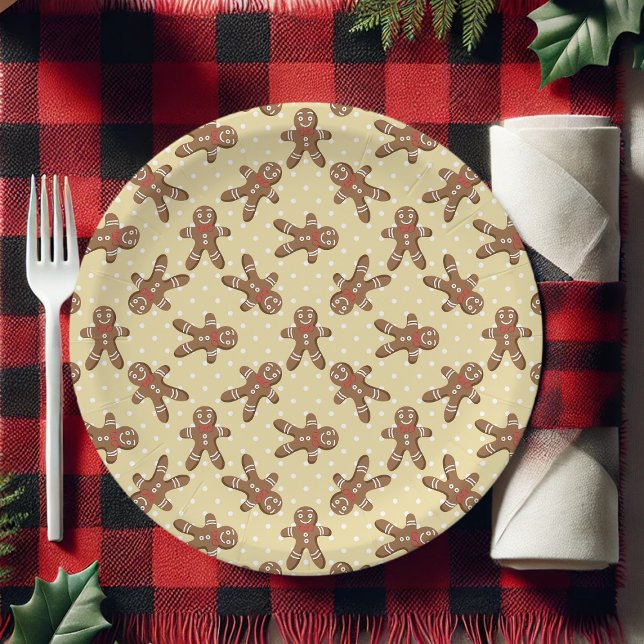Yellow Polka Dot Gingerbread Man Christmas Paper Plate (Creator Uploaded)