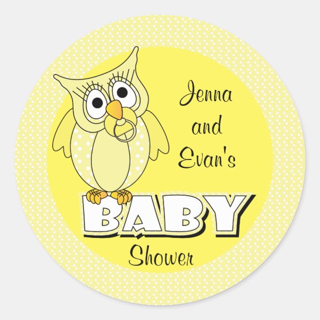 Yellow Polka Dot Owl | Baby Shower Theme Classic Round Sticker (Front)