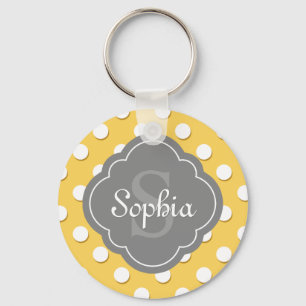 Yellow Polka Dot Pattern Grey Monogram Keychain