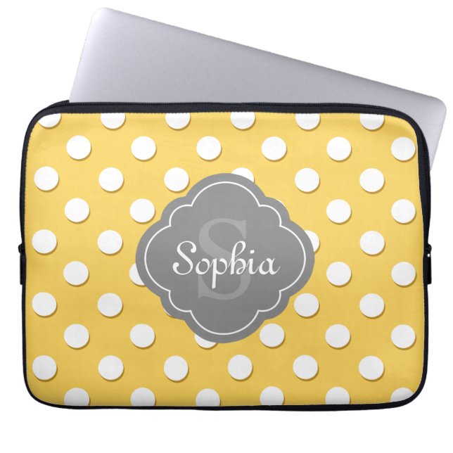 Yellow Polka Dot Pattern Grey Monogram Laptop Sleeve (Front)