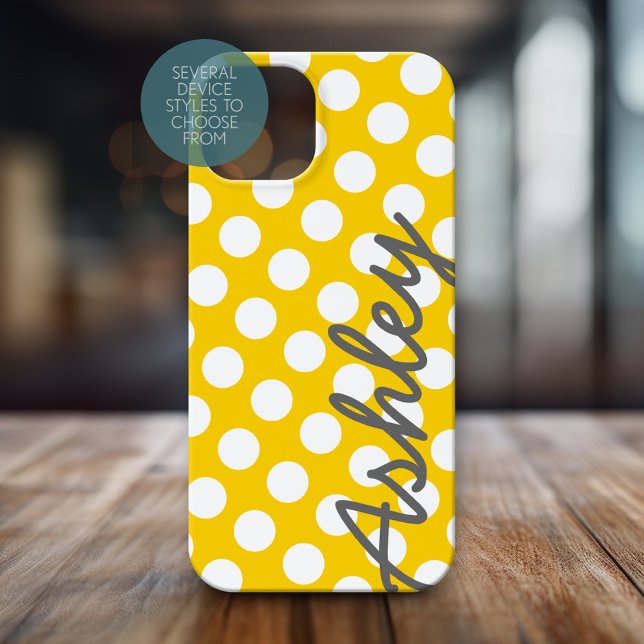 Yellow Polka Dot Pattern with Grey Name Case-Mate iPhone Case (Personalized Phone Case with Polka Dots and Custom Name)