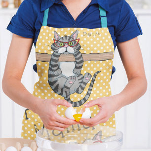 Yellow Polka Dot Whimsical Cats Cat Mom Name Apron