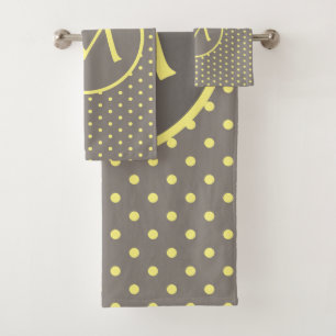 Yellow polka dots monogrammed grey bath towel set