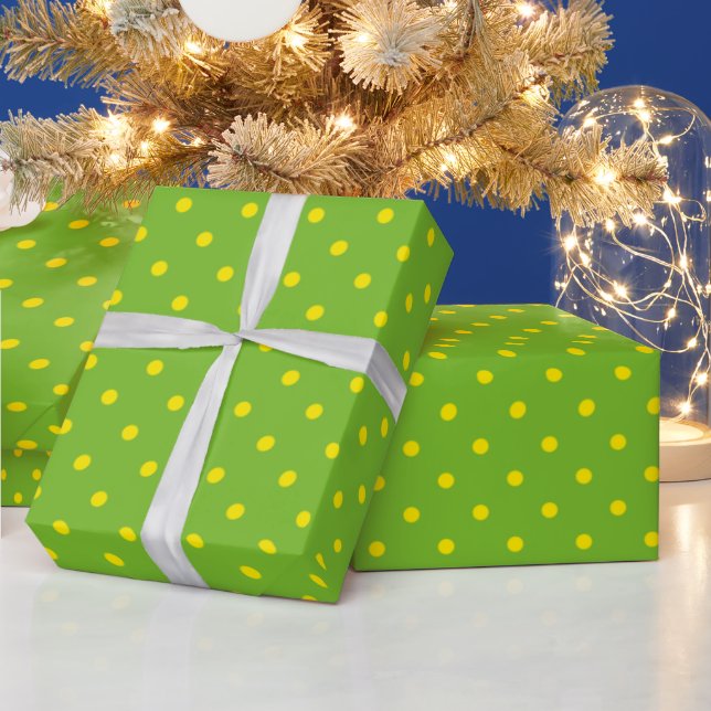 Yellow Polka Dots on a Green background. Wrapping Paper (Holidays)