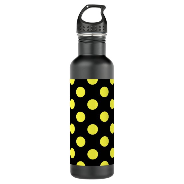 Yellow polka dots on black backgound 710 ml water bottle (Front)