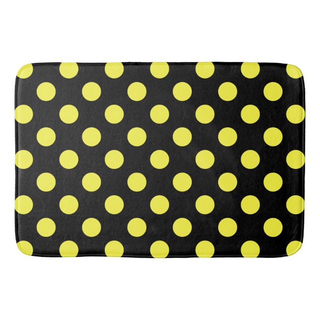 Yellow polka dots on black backgound bath mat (Front)