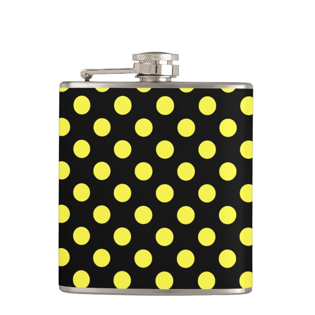 Yellow polka dots on black backgound hip flask (Front)
