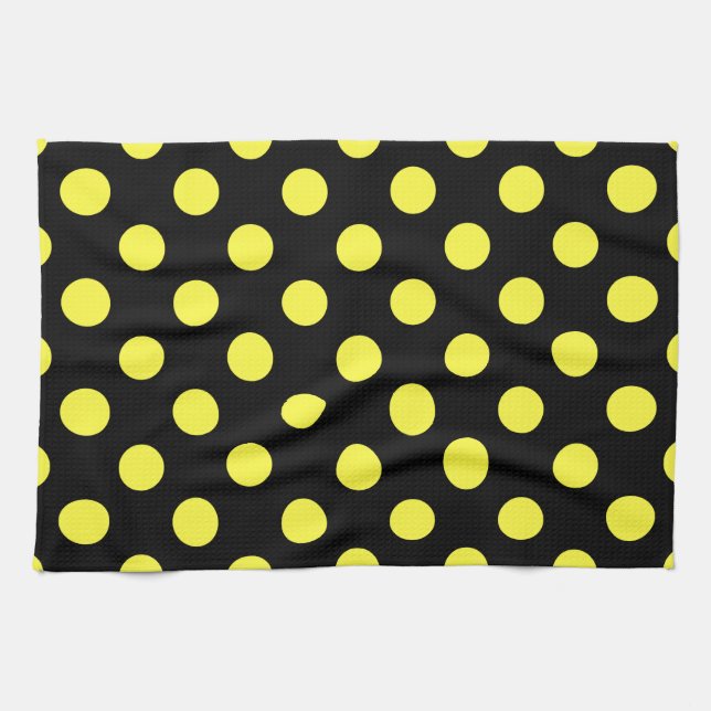 Yellow polka dots on black backgound kitchen towel (Horizontal)