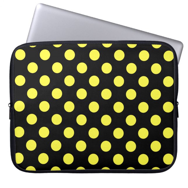 Yellow polka dots on black backgound laptop sleeve (Front)