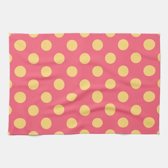 Yellow polka dots on coral kitchen towel (Horizontal)