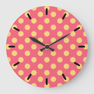 Yellow polka dots on coral large clock