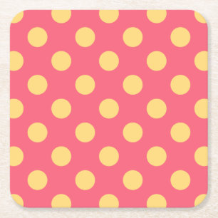 Yellow polka dots on coral square paper coaster