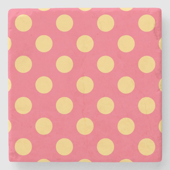 Yellow polka dots on coral stone coaster (Front)