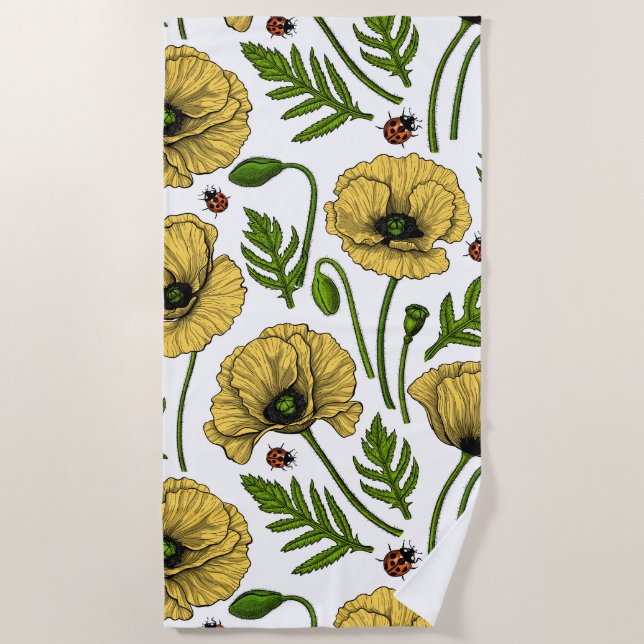 Yellow poppies and ladybugs beach towel (Front)