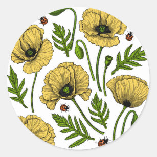 Yellow poppies and ladybugs classic round sticker