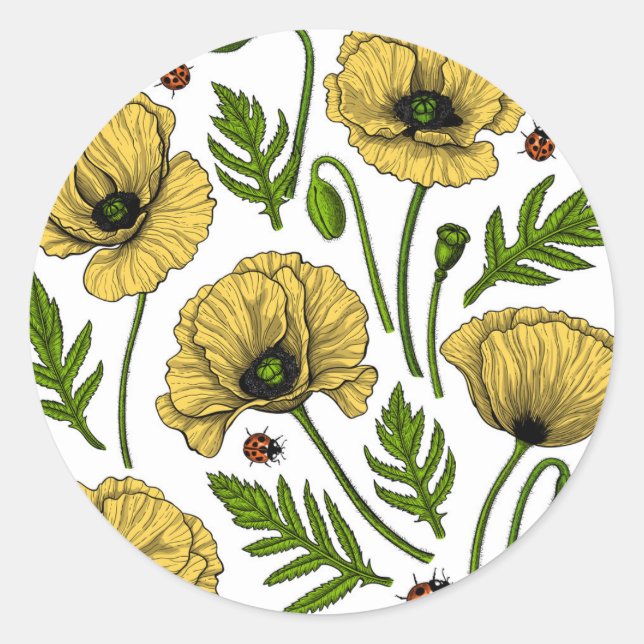 Yellow poppies and ladybugs classic round sticker (Front)