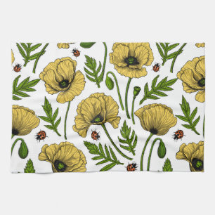 Yellow poppies and ladybugs kitchen towel