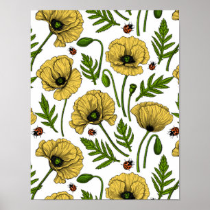 Yellow poppies and ladybugs poster