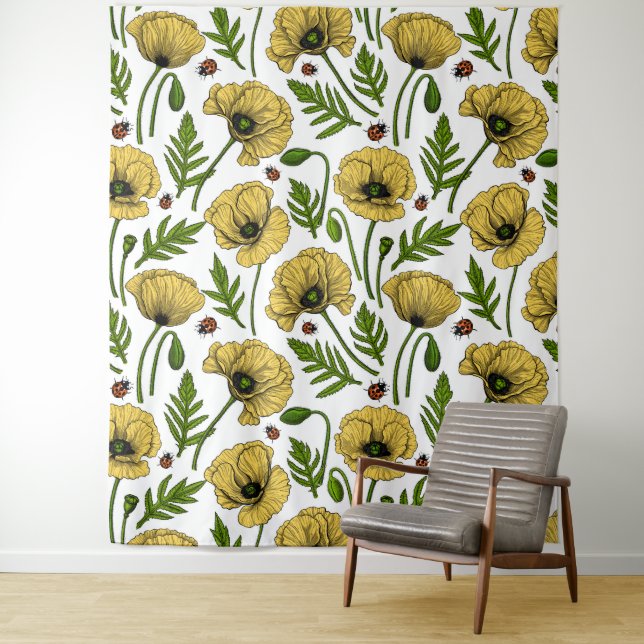 Yellow poppies and ladybugs tapestry (In Situ)