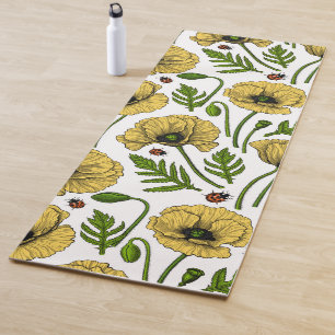 Yellow poppies and ladybugs yoga mat