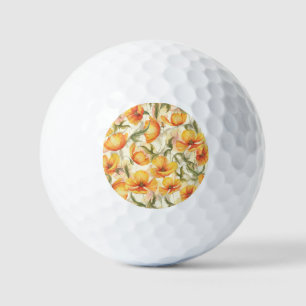 Yellow poppies: hand-drawn watercolor pattern. golf balls