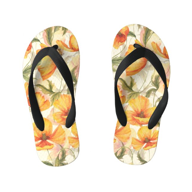Yellow poppies: hand-drawn watercolor pattern. kid's flip flops (Footbed)