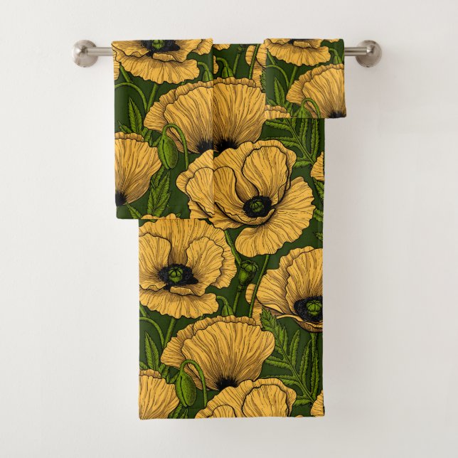 Yellow poppies on dark green bath towel set (Insitu)