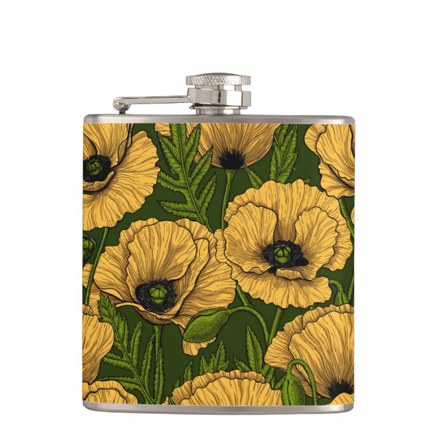 Yellow poppies on dark green hip flask (Front)
