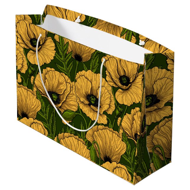 Yellow poppies on dark green large gift bag (Back Angled)