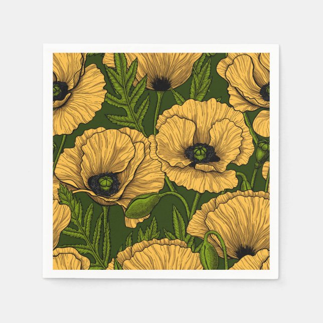 Yellow poppies on dark green napkin (Front)