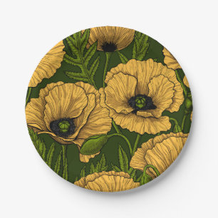 Yellow poppies on dark green paper plate