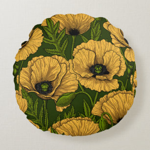 Yellow poppies on dark green round pillow