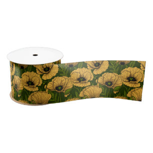 Yellow poppies on dark green satin ribbon