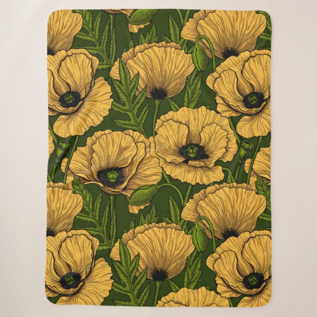Yellow poppies on dark green sherpa blanket (Front)