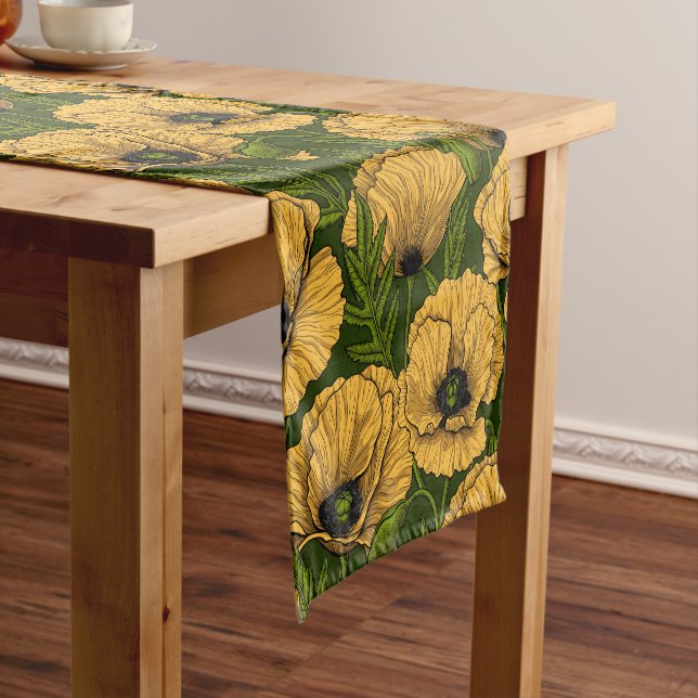 Yellow poppies on dark green short table runner (In Situ)