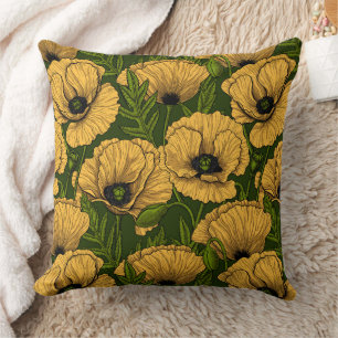 Yellow poppies on dark green throw pillow