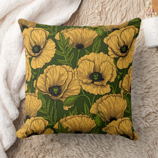Yellow poppies on dark green throw pillow (Blanket)