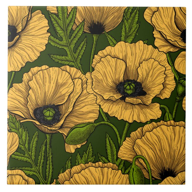 Yellow poppies on dark green tile (Front)